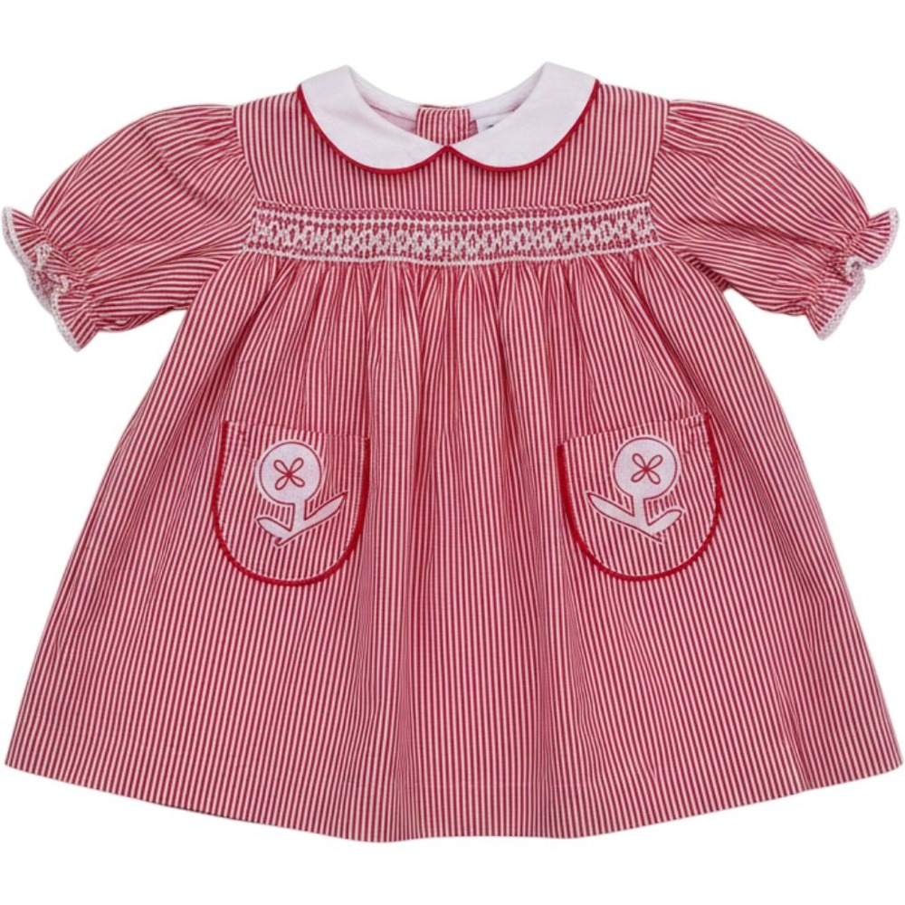 Nannette Smocked Dress Baby Girl 9M Red Striped Seersucker Vintage Made in USA